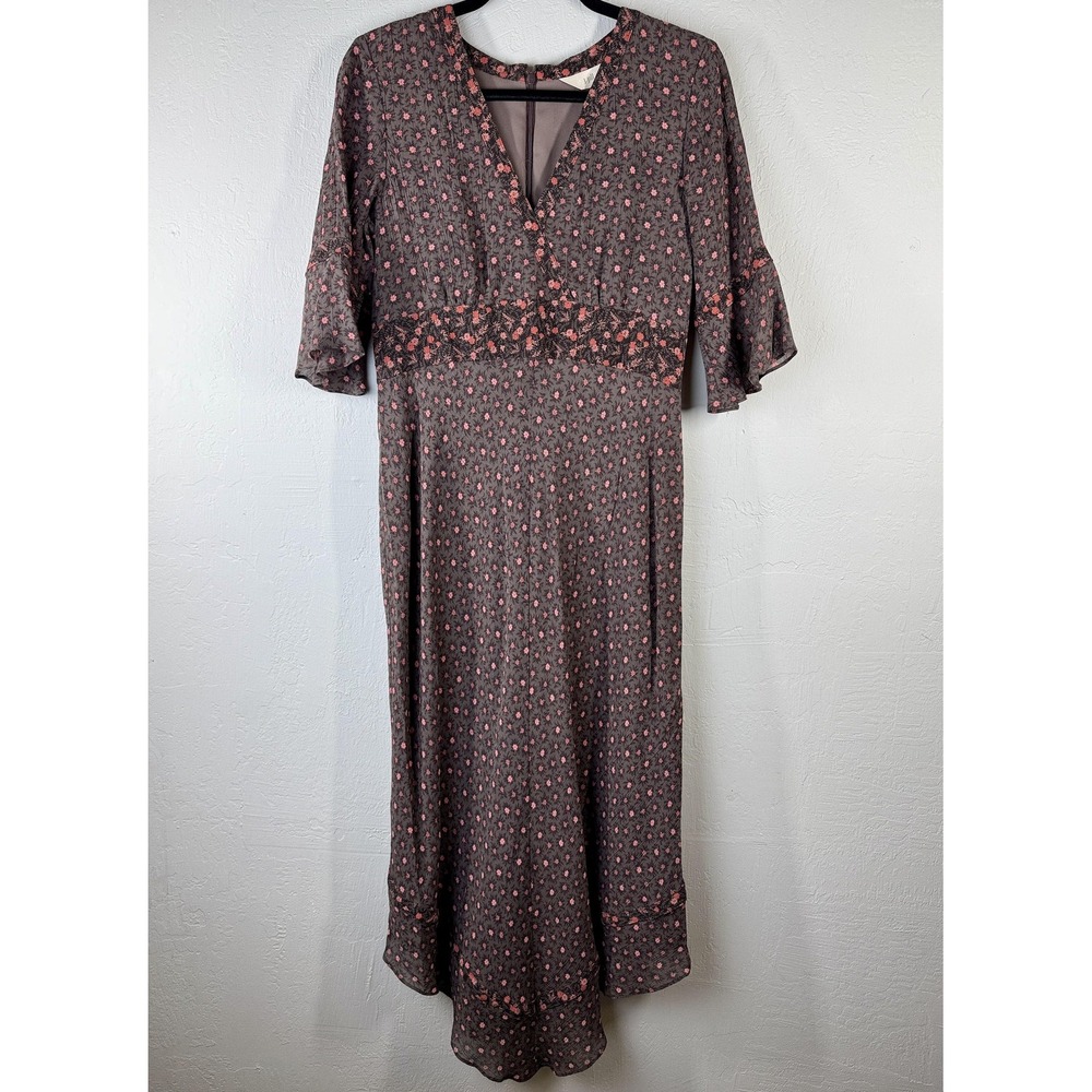 J Jill Dress‎ Womens 6 Brown Pink Floral Midi V Neck Bell Sleeve Boho Lined